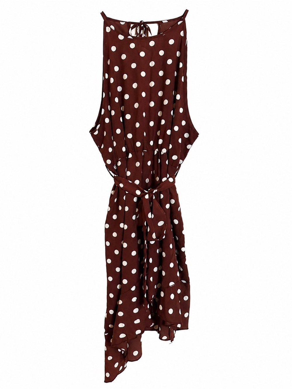 Beachsissi Polka Dot Dress XL Brown White Sleeveless Tie Waist Midi